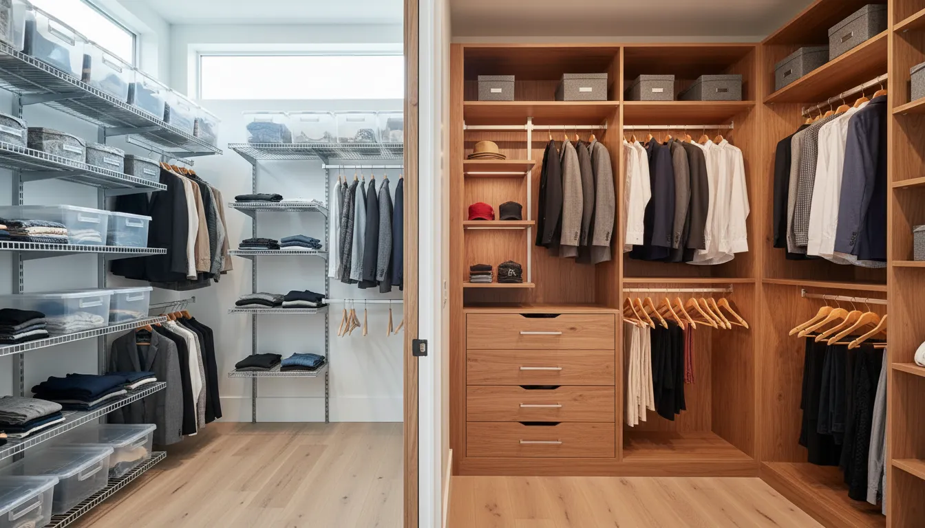 Closet organizer vs custom closet comparison in a modern bedroom