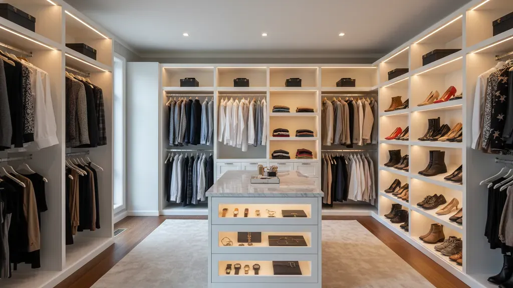 Custom walk-in closet remodel with white shelving and organized storage