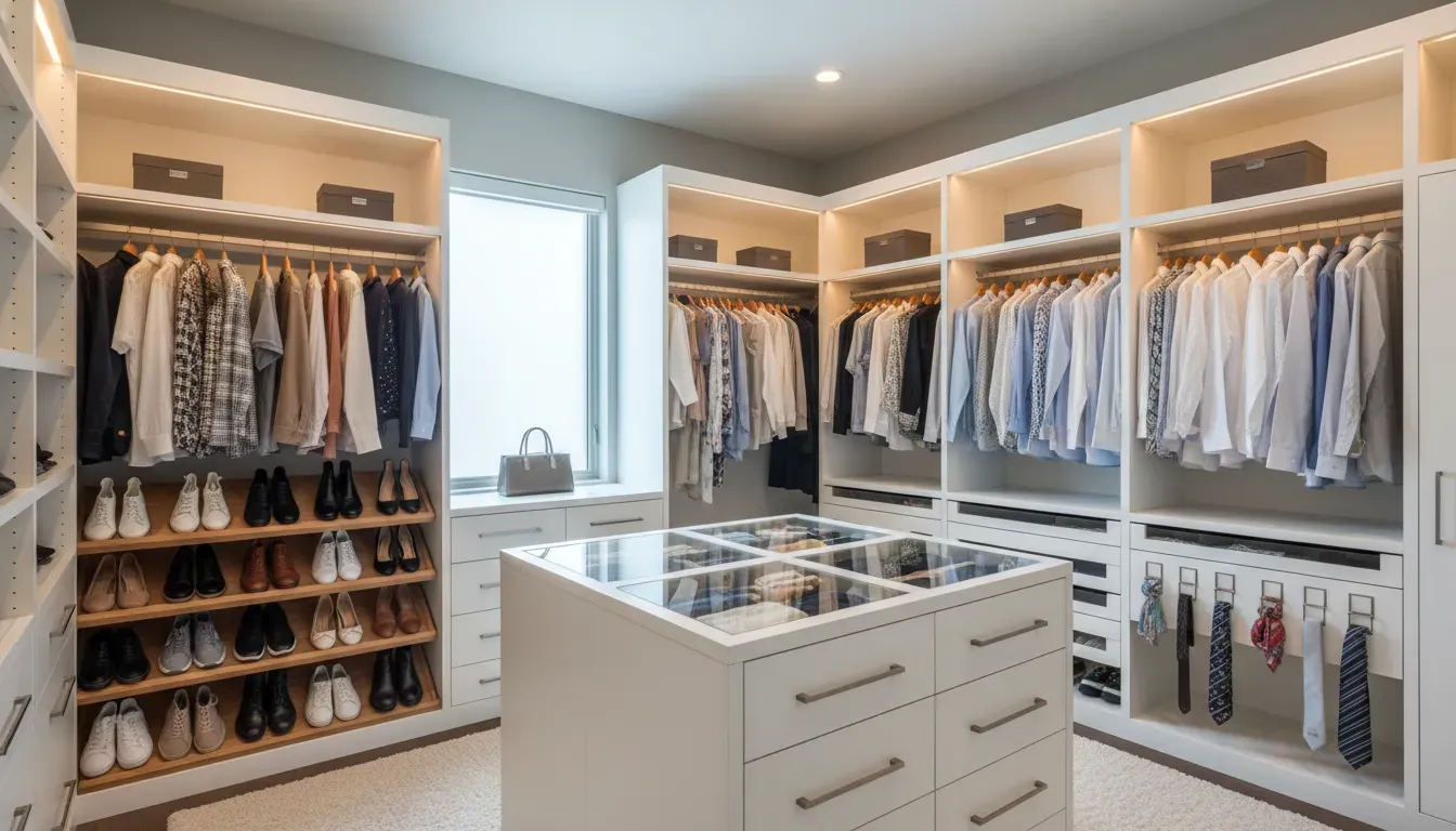 Custom walk-in closet system with built-in shelving and drawers installed in a Washington home