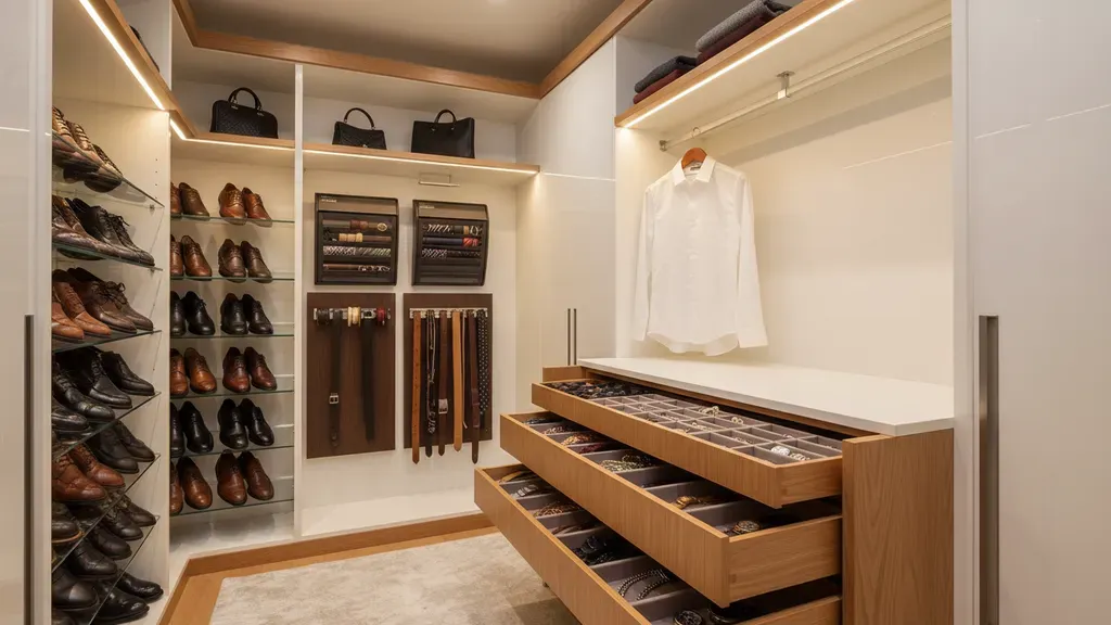 Custom closet accessories including divided drawers, valet rods, and shoe shelves in a walk-in closet