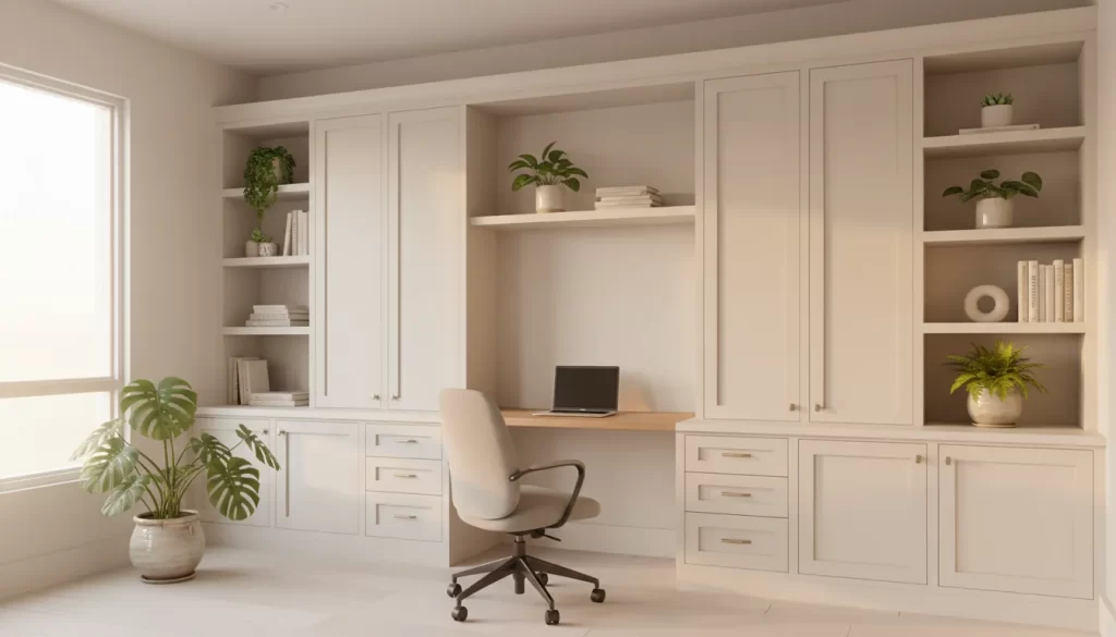 Custom built-in home office storage system with floor-to-ceiling shelving, integrated desk, and filing drawers in a bright residential workspace