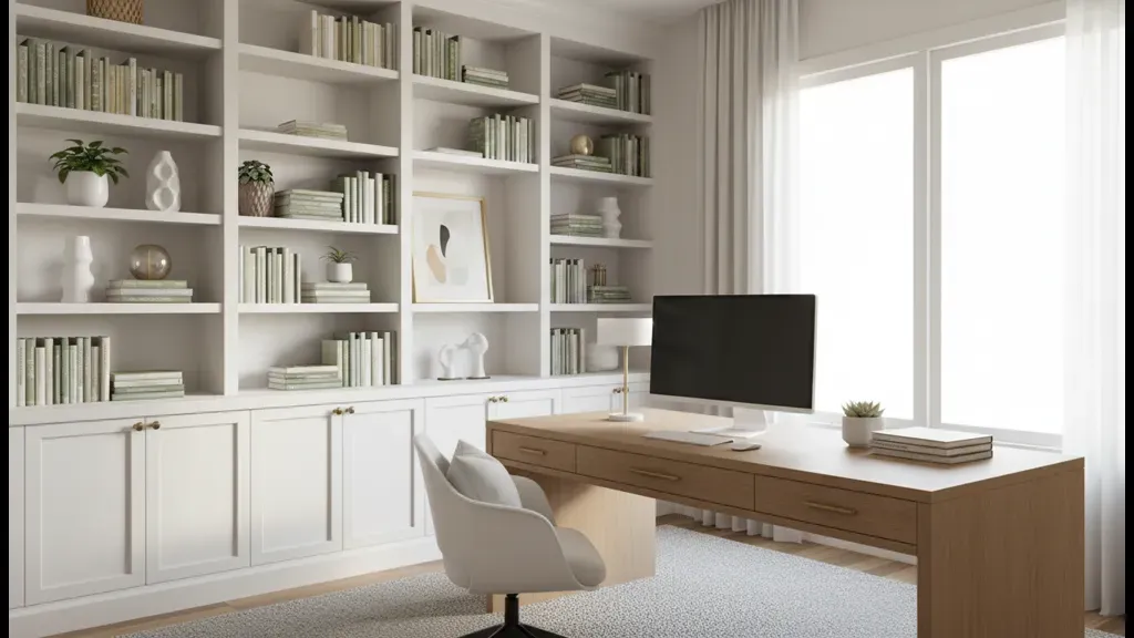 Custom home office storage system with built-in shelving, cabinets, and a wooden desk in a bright modern workspace