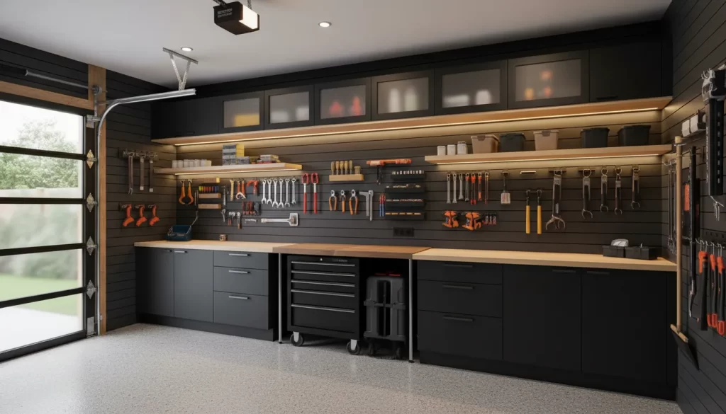 Organized garage wall with slatwall, cabinets, shelves, and tool hooks