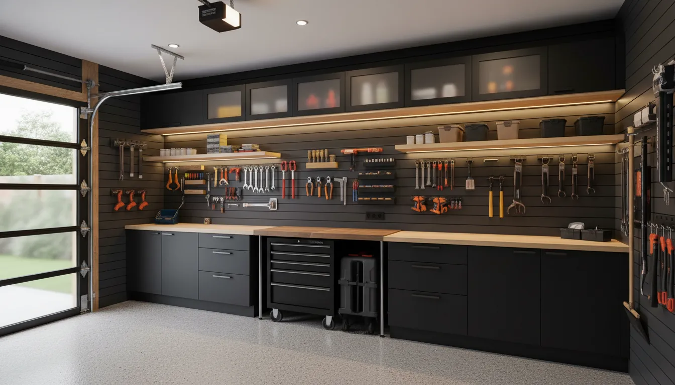 Organized garage wall with slatwall, cabinets, shelves, and tool hooks