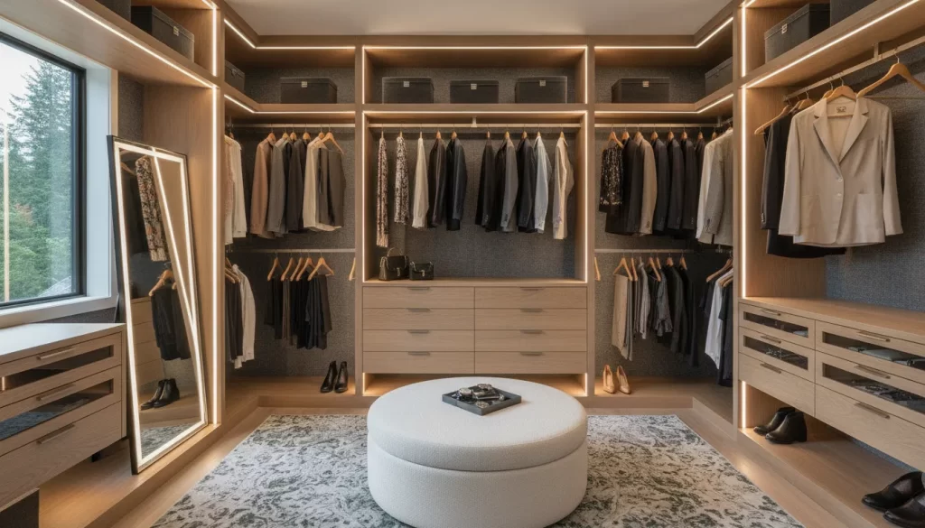 Custom walk-in closet with integrated LED lighting