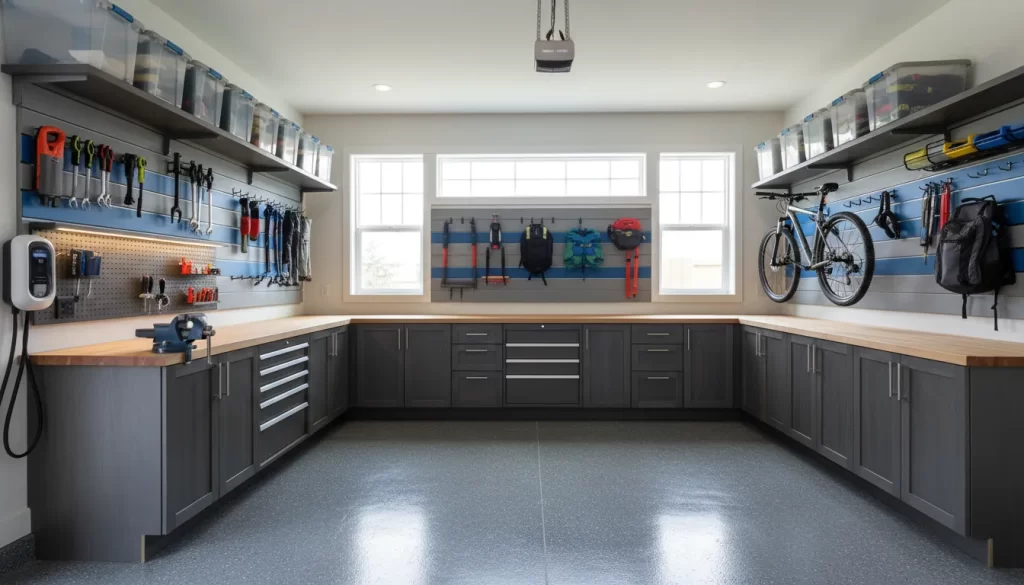Organized garage makeover with cabinets and wall storage