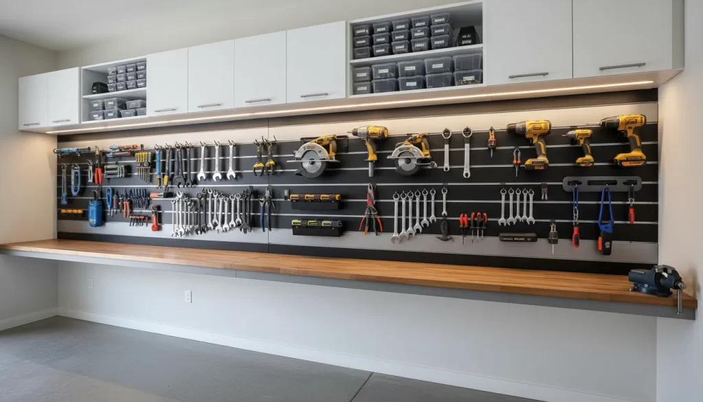 Organized garage workshop wall with modern storage panels and cabinets