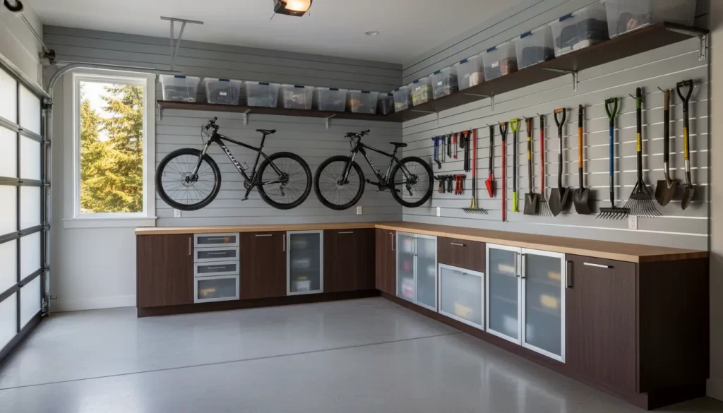 Pegboard alternatives for garage walls with slatwall and cabinet storage