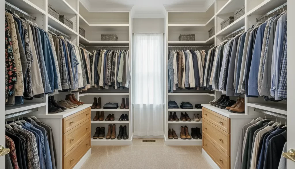 Small walk-in closet design ideas with custom shelving and drawers