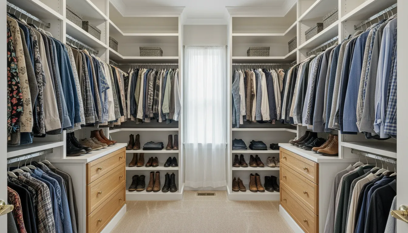 Small walk-in closet design ideas with custom shelving and drawers